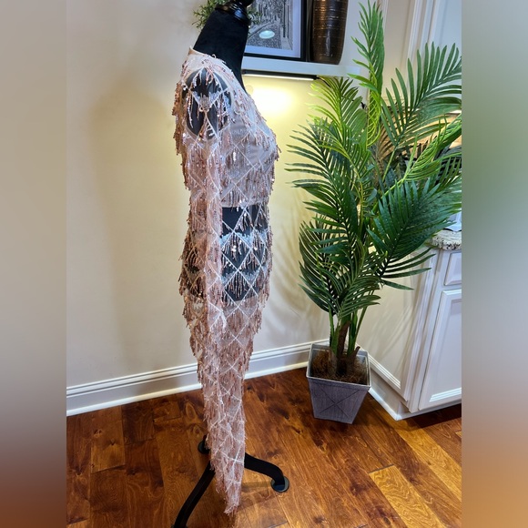 PrettyLittleThing Rose Gold Tassel Sequin Plunge Jumpsuit US 4 - Picture 9 of 11
